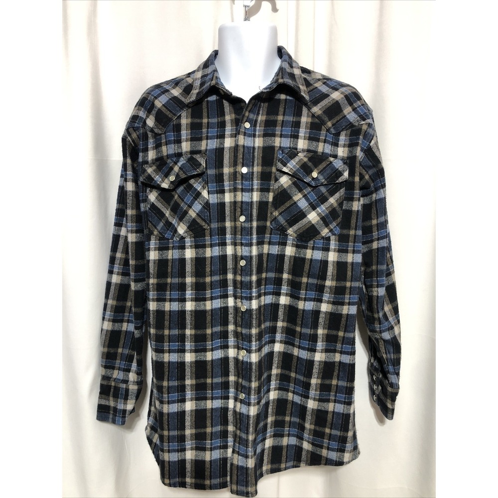 Key Flannel Shirt Mens XLT Blue Black Plaid Excellent‎ Western Pearl Snap Tall